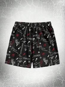 ROMWE MEN Goth 男士字母圖案腰部抽繩短褲 - 黑色 - 查看 2