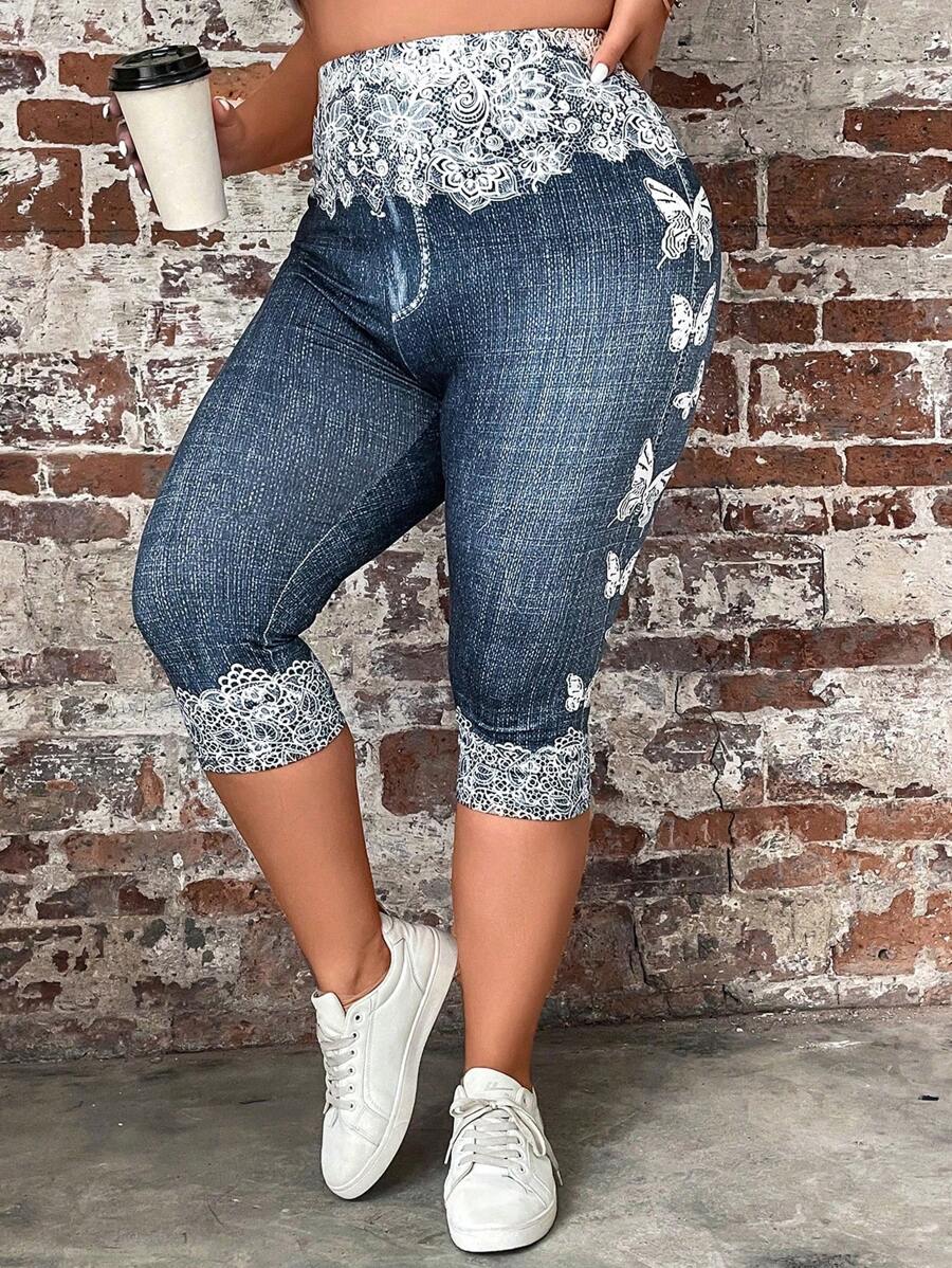 SHEIN LUNE Hơn In hoa Thắt lưng băng rộng Capri Xà cạp - Nhiều màu - Xem 1