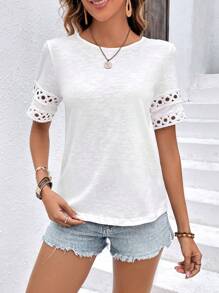 SHEIN Frenchy 拼接水溶蕾絲T恤 - 白色 - 查看 3