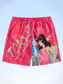 ROMWE MEN Anime Men Figure & Letter Graphic Drawstring Waist Shorts - Hot Pink - View 1