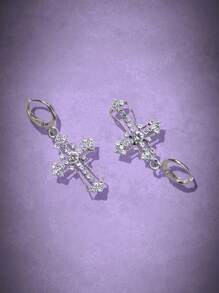 ROMWE Goth 1pair Fashion Zinc Alloy Rhinestone Cross Drop Earrings For Women For Daily Decoration - Silver - View 2