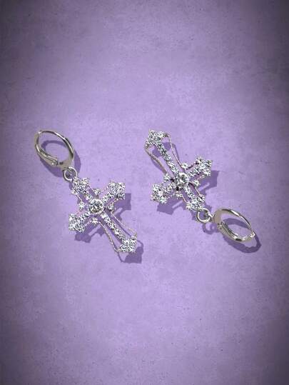 Goth 1pair Fashion Zinc Alloy Rhinestone Cross Drop Earrings For Women For Daily Decoration