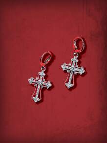 ROMWE Goth 1pair Fashion Zinc Alloy Rhinestone Cross Drop Earrings For Women For Daily Decoration - Silver - View 3