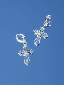 ROMWE Goth 1pair Fashion Zinc Alloy Rhinestone Cross Drop Earrings For Women For Daily Decoration - Silver - View 4