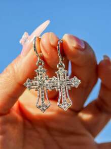 ROMWE Goth 1pair Fashion Zinc Alloy Rhinestone Cross Drop Earrings For Women For Daily Decoration - Silver - View 6