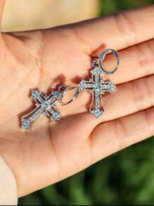 ROMWE Goth 1pair Fashion Zinc Alloy Rhinestone Cross Drop Earrings For Women For Daily Decoration - Silver - View 7
