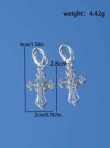 ROMWE Goth 1pair Fashion Zinc Alloy Rhinestone Cross Drop Earrings For Women For Daily Decoration - Silver - View 8