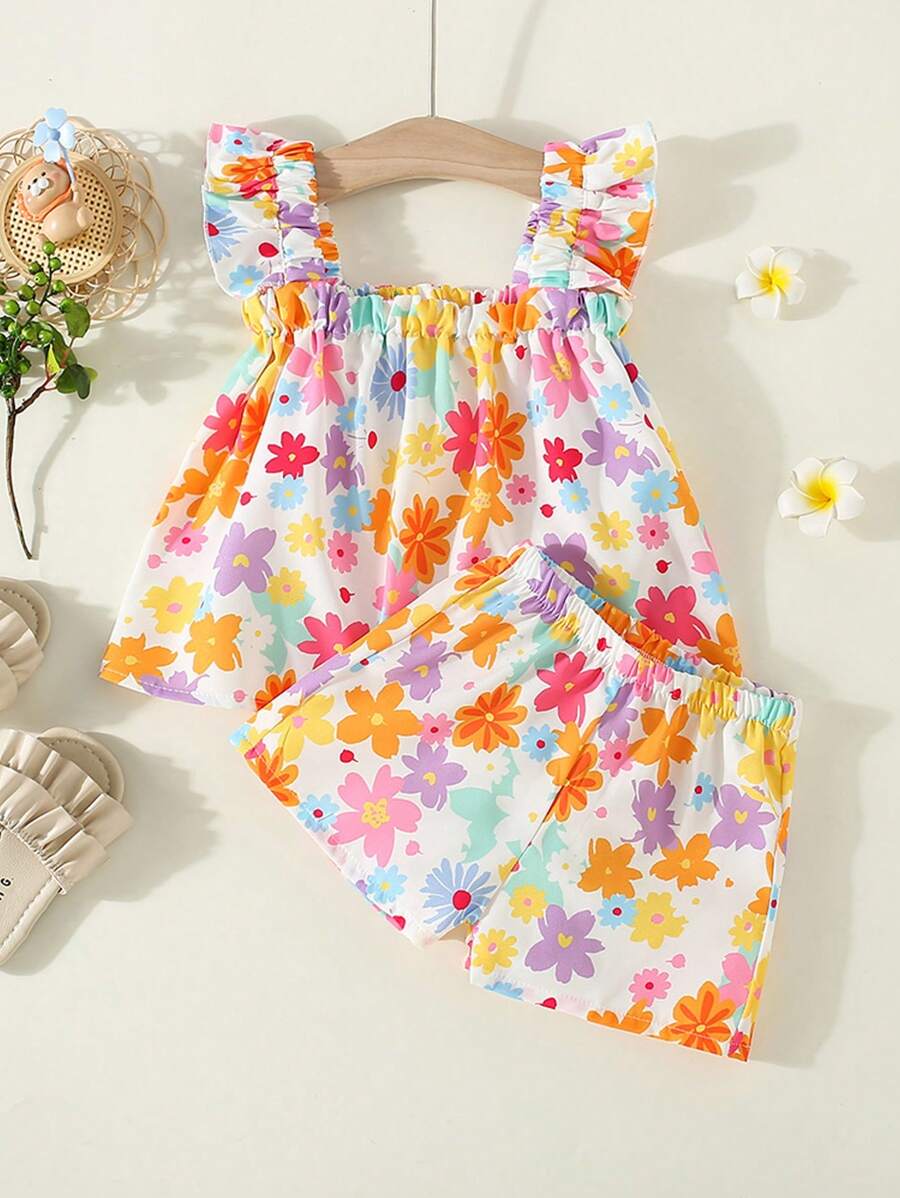 Baby Girl Floral Print Ruffle Trim Top & Shorts - Multicolor - View 1