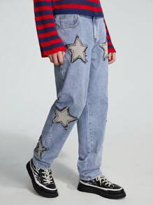 ROMWE MEN Street Life Guys Star Patched Jeans Without Belt - Light Wash - View 3