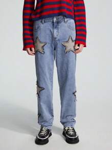 ROMWE MEN Street Life Guys Star Patched Jeans Without Belt - Light Wash - View 5