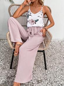 SHEIN Frenchy 印花吊帶上衣和闊腿褲 - 粉色 - 查看 1