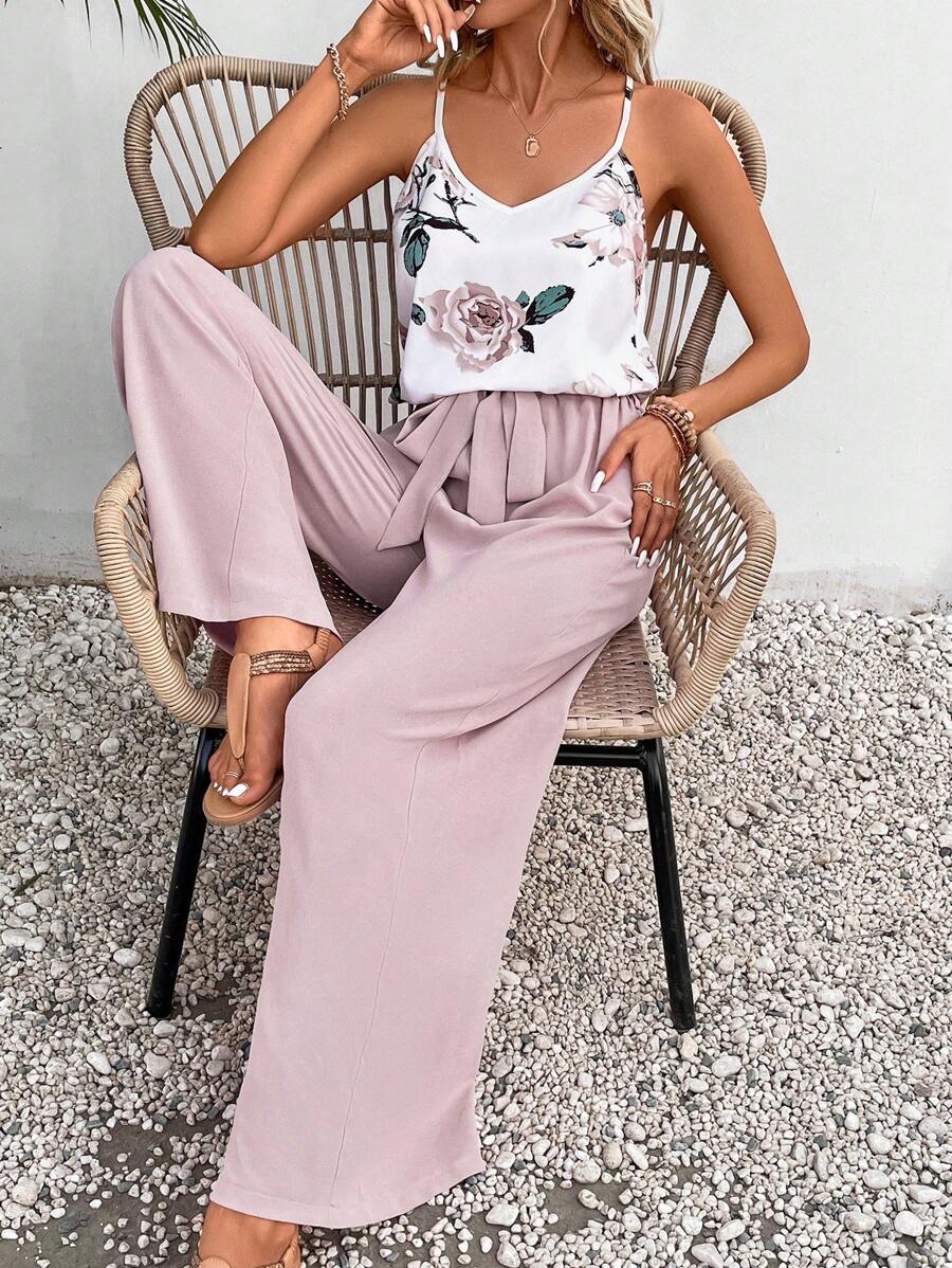 SHEIN Frenchy 印花吊帶上衣和闊腿褲 - 粉色 - 查看 1