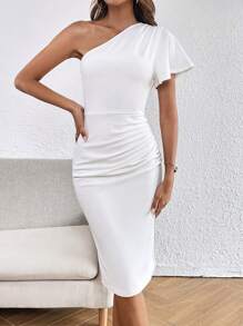 SHEIN Privé One Shoulder Ruched Split Thigh Bodycon Dress - White - View 6