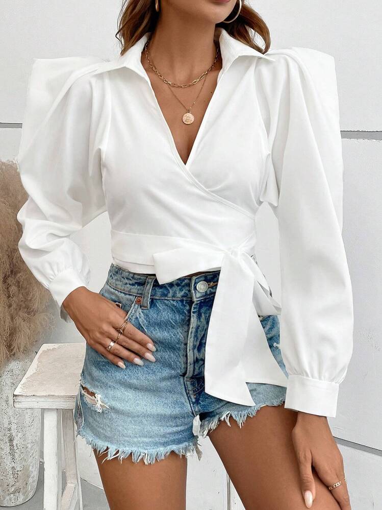 Calvaya חולצת חולצת נשים עם שרוול נפוח קשר צדדי, חולצות עם שרוול ארוך - לבן - ראה 2