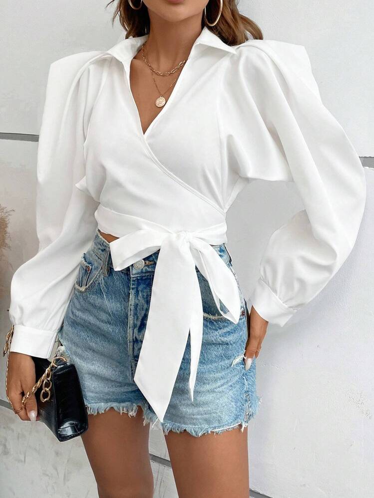 Calvaya חולצת חולצת נשים עם שרוול נפוח קשר צדדי, חולצות עם שרוול ארוך - לבן - ראה 1