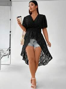 SHEIN LUNE Hơn Ren hoa Hem cao thấp Áo sơ mi - màu đen - Xem 1