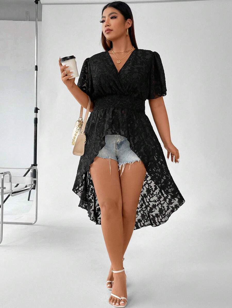 SHEIN LUNE Hơn Ren hoa Hem cao thấp Áo sơ mi - màu đen - Xem 1