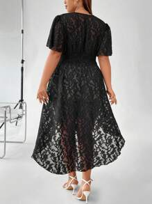 SHEIN LUNE Hơn Ren hoa Hem cao thấp Áo sơ mi - màu đen - Xem 2