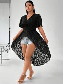 SHEIN LUNE Hơn Ren hoa Hem cao thấp Áo sơ mi - màu đen - Xem 3