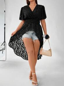 SHEIN LUNE Hơn Ren hoa Hem cao thấp Áo sơ mi - màu đen - Xem 4