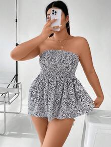 SHEIN Holidaya 大碼滿版印花荷葉邊下擺抹胸上衣 - 黑與白 - 查看 3