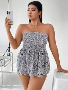 SHEIN Holidaya 大碼滿版印花荷葉邊下擺抹胸上衣 - 黑與白 - 查看 5