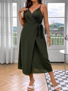 SHEIN Clasi Vestidos Tallas Grandes Nudo Envolvente Liso Casual - Verde militar - Ver 3