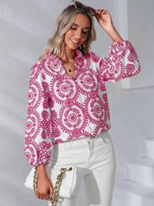 GENKIRA Mandala Print Notched Neckline Lantern Sleeve Blouse - Hot Pink - View 1