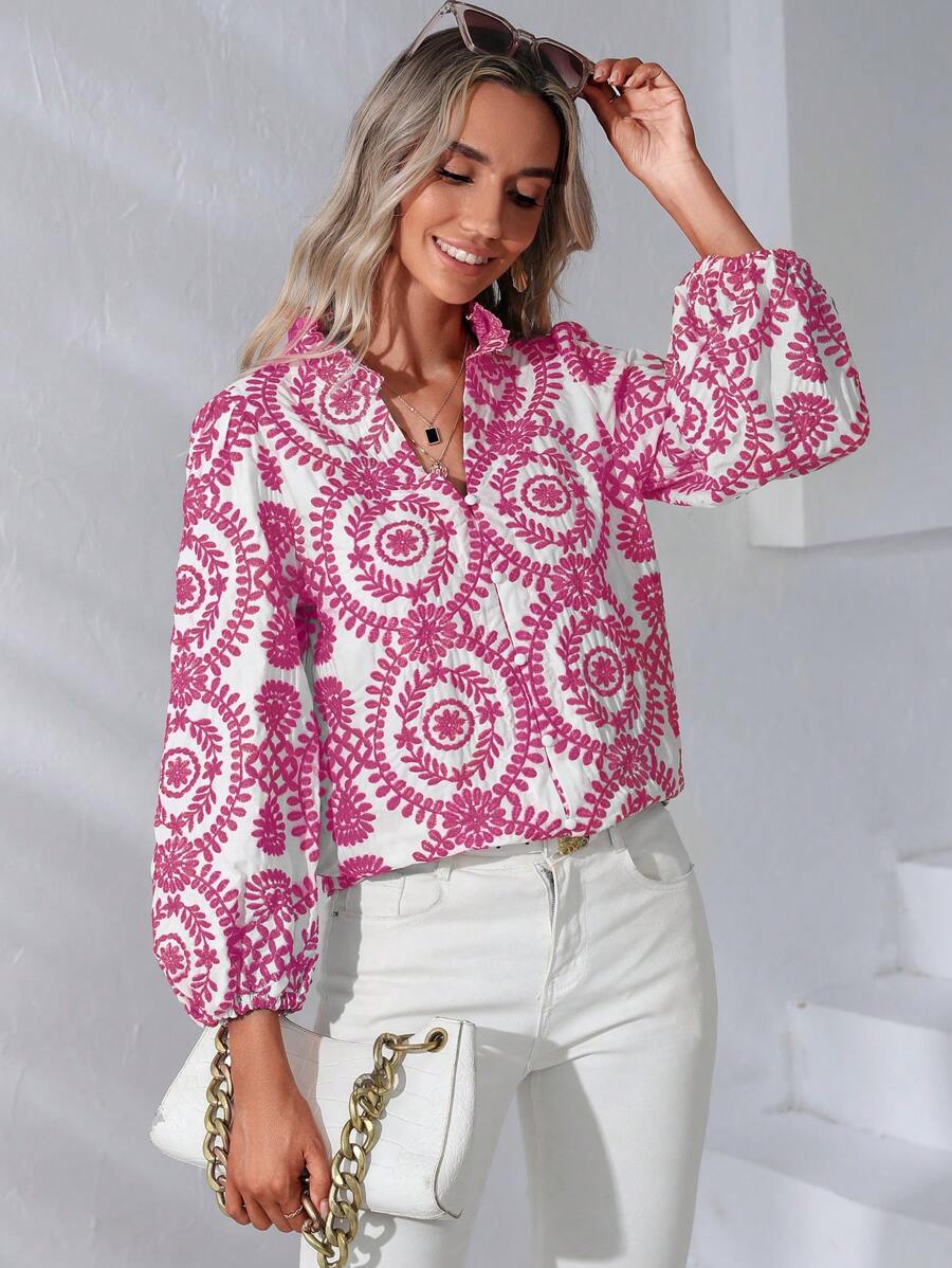 GENKIRA Mandala Print Notched Neckline Lantern Sleeve Blouse - Hot Pink - View 1