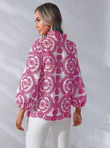 GENKIRA Mandala Print Notched Neckline Lantern Sleeve Blouse - Hot Pink - View 2