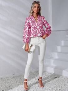 GENKIRA Mandala Print Notched Neckline Lantern Sleeve Blouse - Hot Pink - View 3