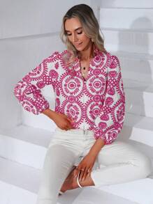 GENKIRA Mandala Print Notched Neckline Lantern Sleeve Blouse - Hot Pink - View 4