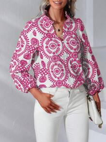 GENKIRA Mandala Print Notched Neckline Lantern Sleeve Blouse - Hot Pink - View 6