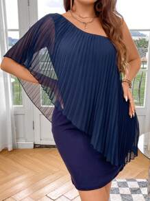 SHEIN Franclia 大碼單肩百褶拼塊不對稱領洋裝 - 藏蓝色 - 查看 1