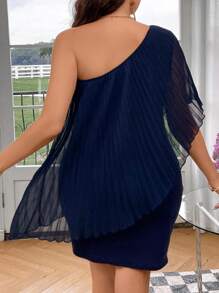 SHEIN Franclia 大碼單肩百褶拼塊不對稱領洋裝 - 藏蓝色 - 查看 2