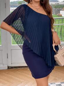 SHEIN Franclia 大碼單肩百褶拼塊不對稱領洋裝 - 藏蓝色 - 查看 4