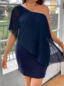 SHEIN Franclia 大碼單肩百褶拼塊不對稱領洋裝 - 藏蓝色 - 查看 5