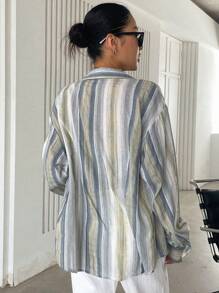 DAZY Striped Print Button Front Shirt Fall Tops Long Sleeve Top - Multicolor - View 2