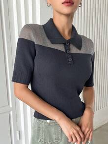 DAZY 雙色Polo領針織上衣 - 灰色 - 查看 8