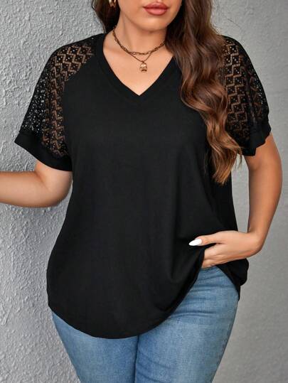 SHEIN LUNE Plus Contrast Lace Raglan Sleeve Tee