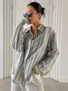 DAZY Striped Print Button Front Shirt Fall Tops Long Sleeve Top - Multicolor - View 5