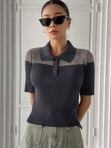 DAZY 雙色Polo領針織上衣 - 灰色 - 查看 7