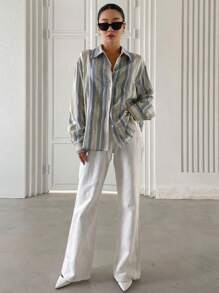 DAZY Striped Print Button Front Shirt Fall Tops Long Sleeve Top - Multicolor - View 6