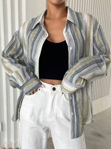 DAZY Striped Print Button Front Shirt Fall Tops Long Sleeve Top - Multicolor - View 7