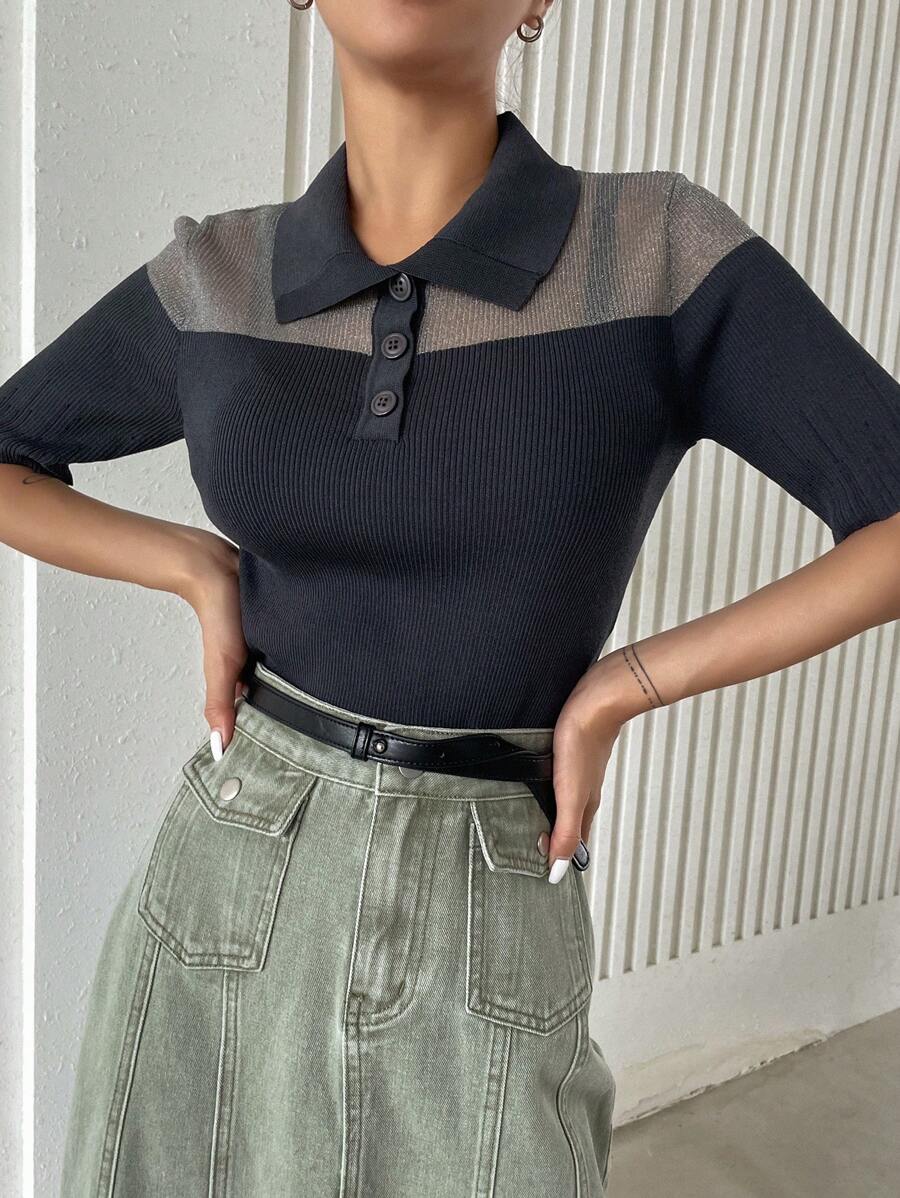 DAZY 雙色Polo領針織上衣 - 灰色 - 查看 1