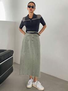 DAZY 雙色Polo領針織上衣 - 灰色 - 查看 3