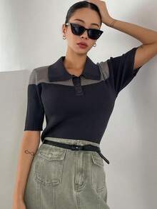 DAZY 雙色Polo領針織上衣 - 灰色 - 查看 4