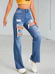 SHEIN Unity 破洞牛仔喇叭褲 - 中等水洗藍 - 查看 2