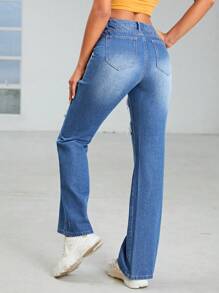 SHEIN Unity 破洞牛仔喇叭褲 - 中等水洗藍 - 查看 3