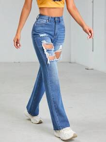 SHEIN Unity 破洞牛仔喇叭褲 - 中等水洗藍 - 查看 4